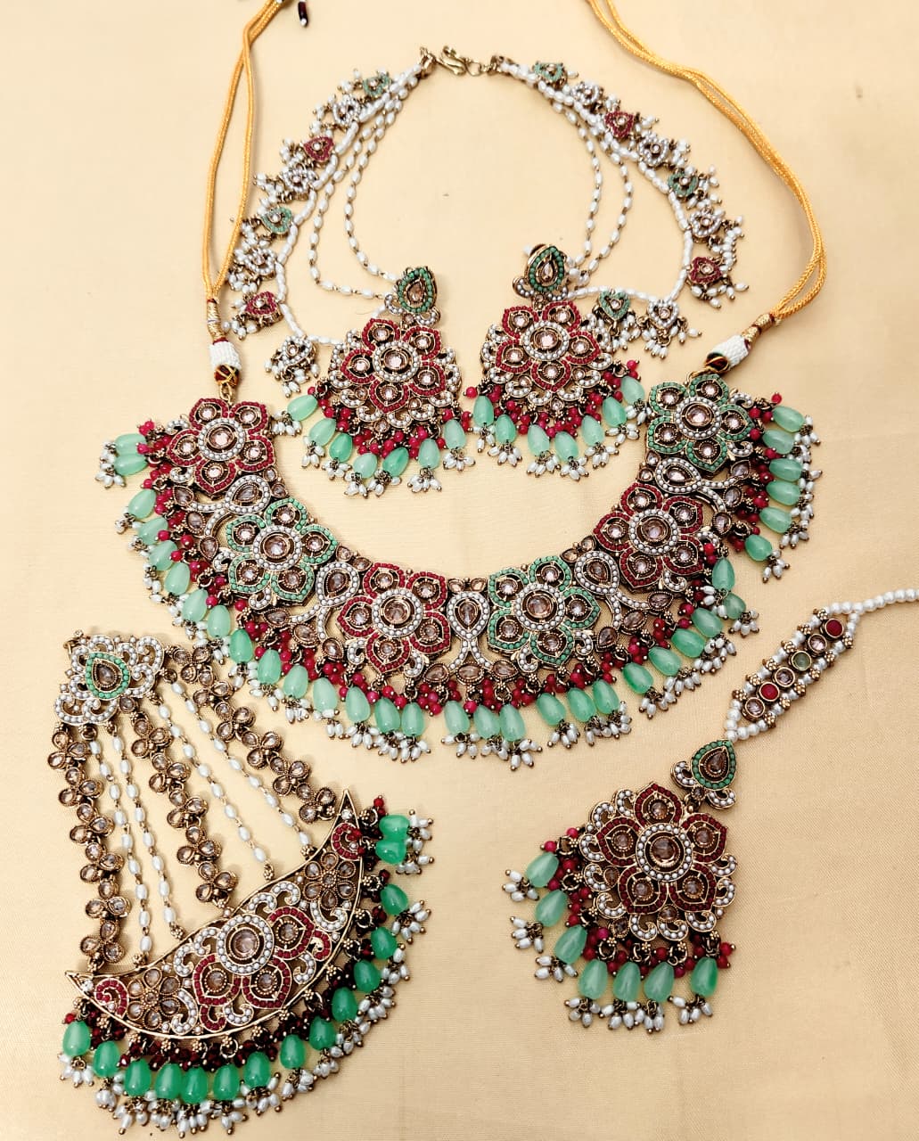 Beautiful Premium Quality Reverse Ad Stone Work Pakistani Necklace With Bahubali Earrings And Tika w
